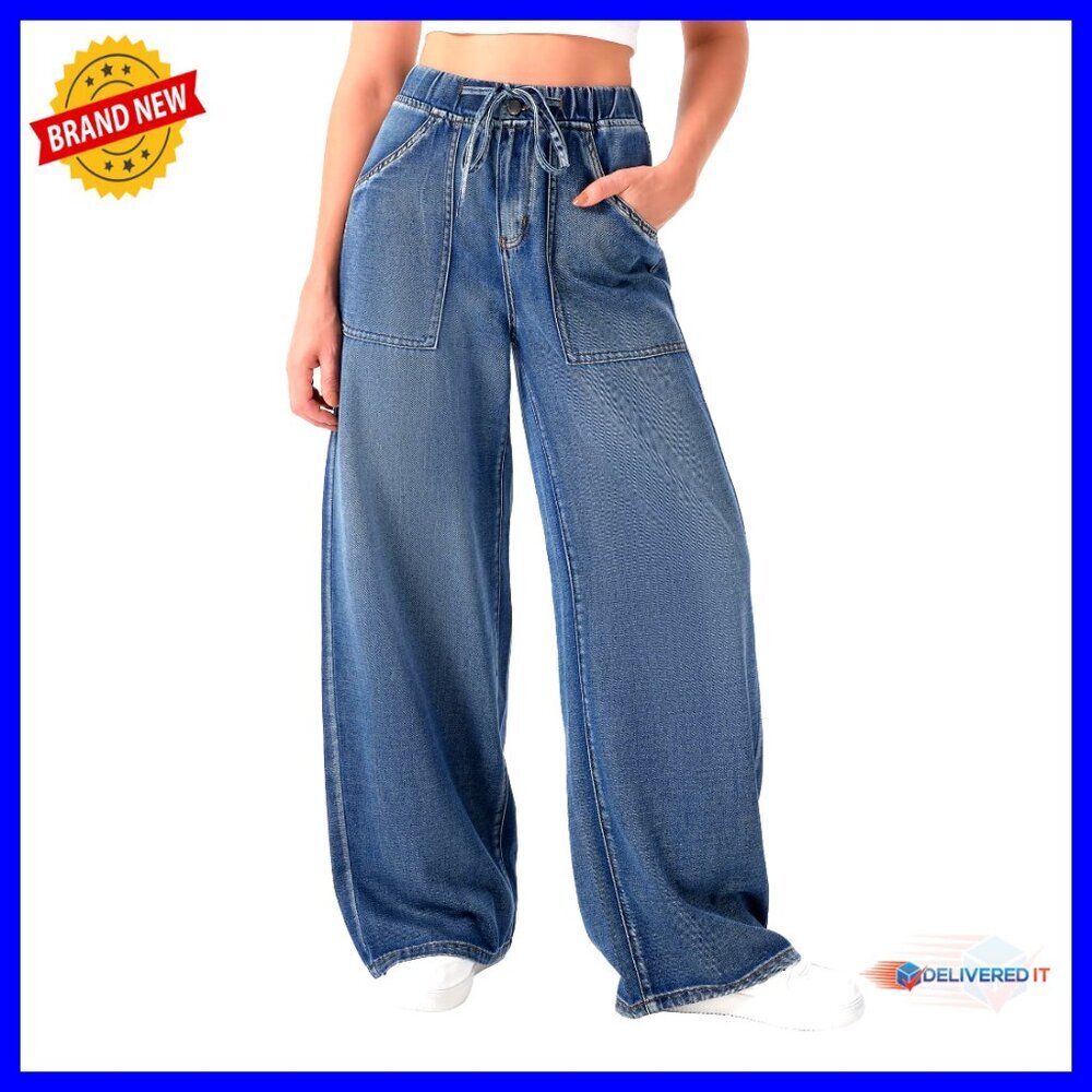 Wide Leg Jeans with Drawstring Waist Oversized Pockets Casual Pants
